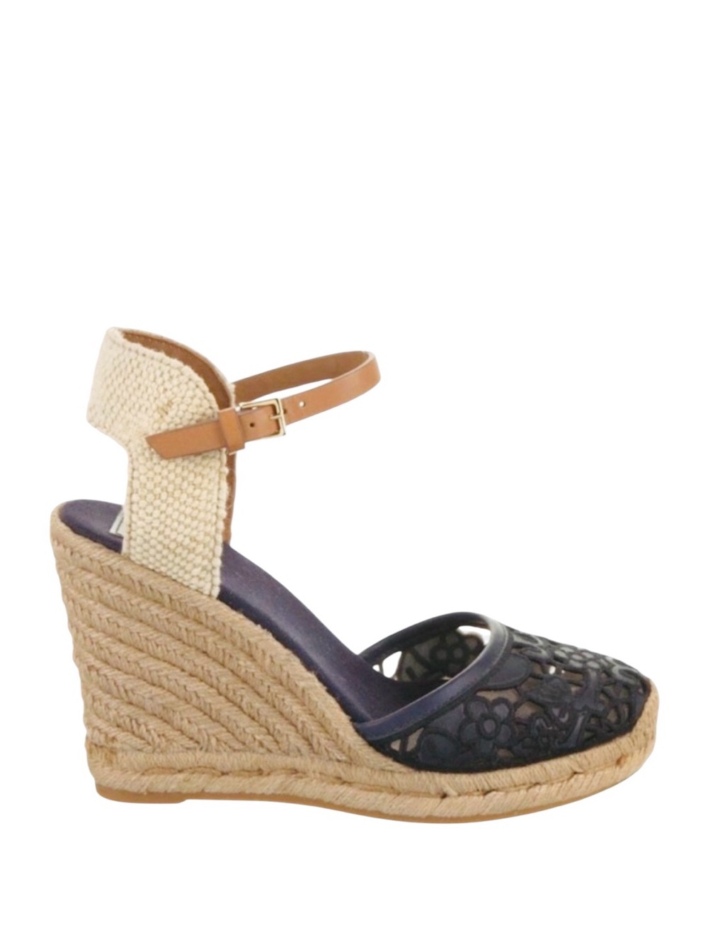 TORY BURCH Navy & Tan Lucia Lace Espadrille Wedge Platform Sandal